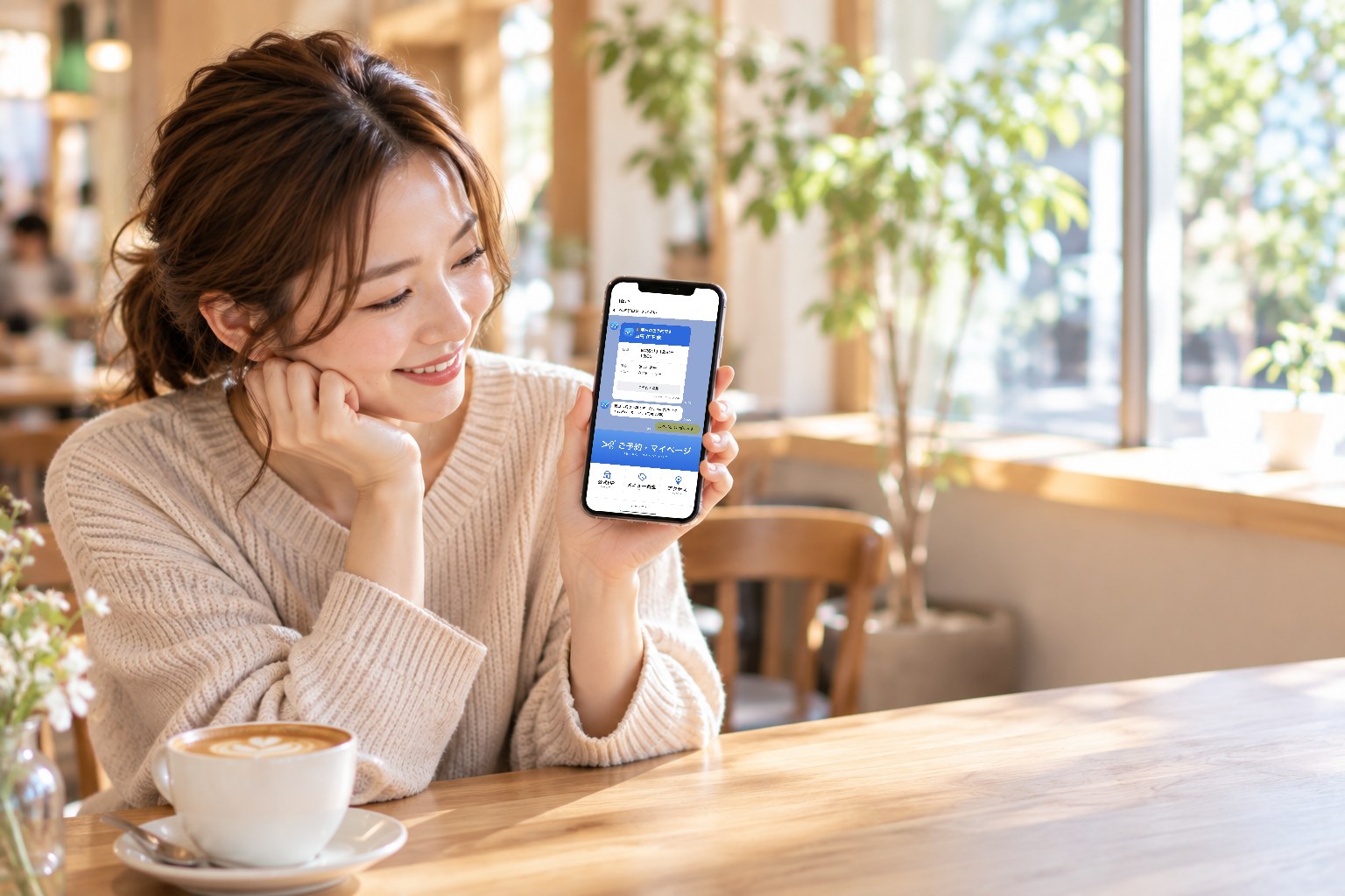 カフェでくつろぎながら、お店の公式LINEに届いたお知らせを見る女性