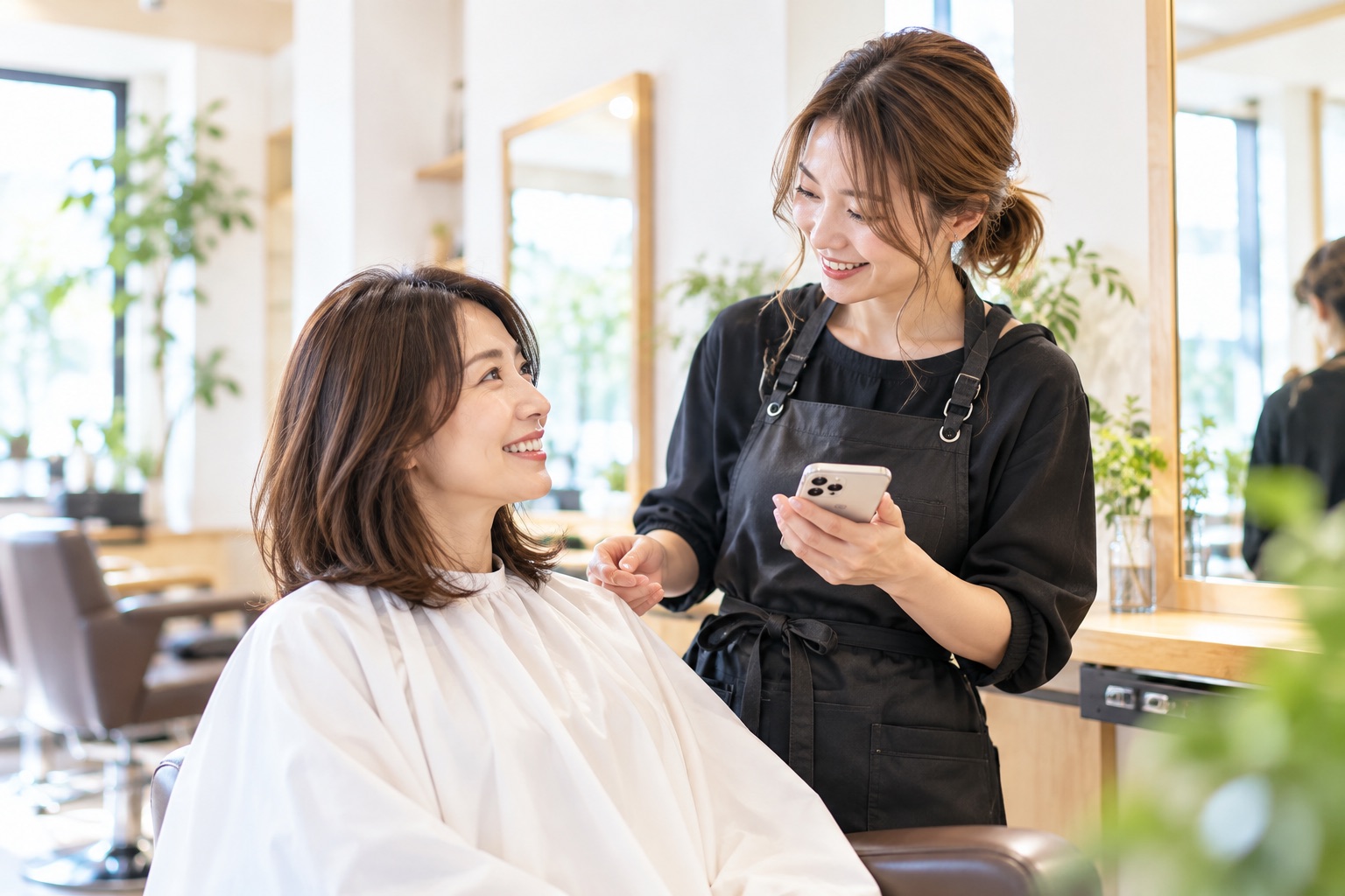 美容室でスタイリストとお客様が笑顔で話している様子