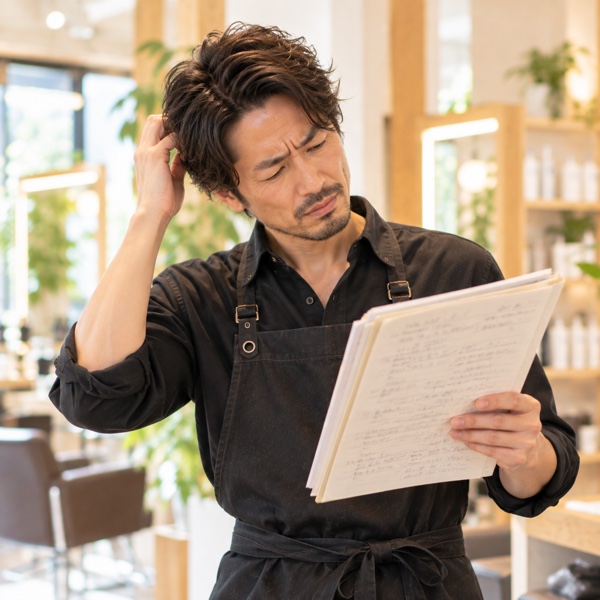 手書きのカルテが読めず首をかしげるスタイリスト